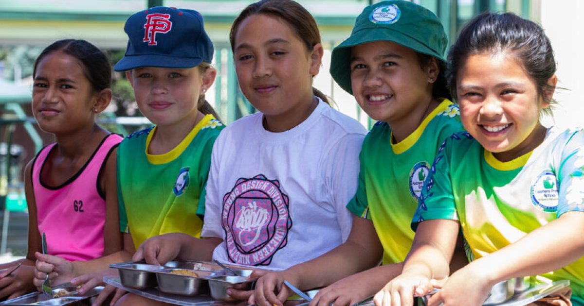 Students at Flaxmere Primary School with their lunches as part of Ka Ora, Ka Ako, the Government’s free school lunch programme.