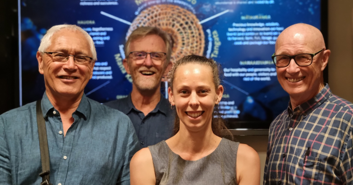 EIT|Te Pūkenga Māori and Indigenous Research Professor David Tipene-Leach (left) with Senior Researcher Rachael Glassey (middle), Research Professor Boyd Swinburn and Synergia Founding Partner Dr David Rees (back left).